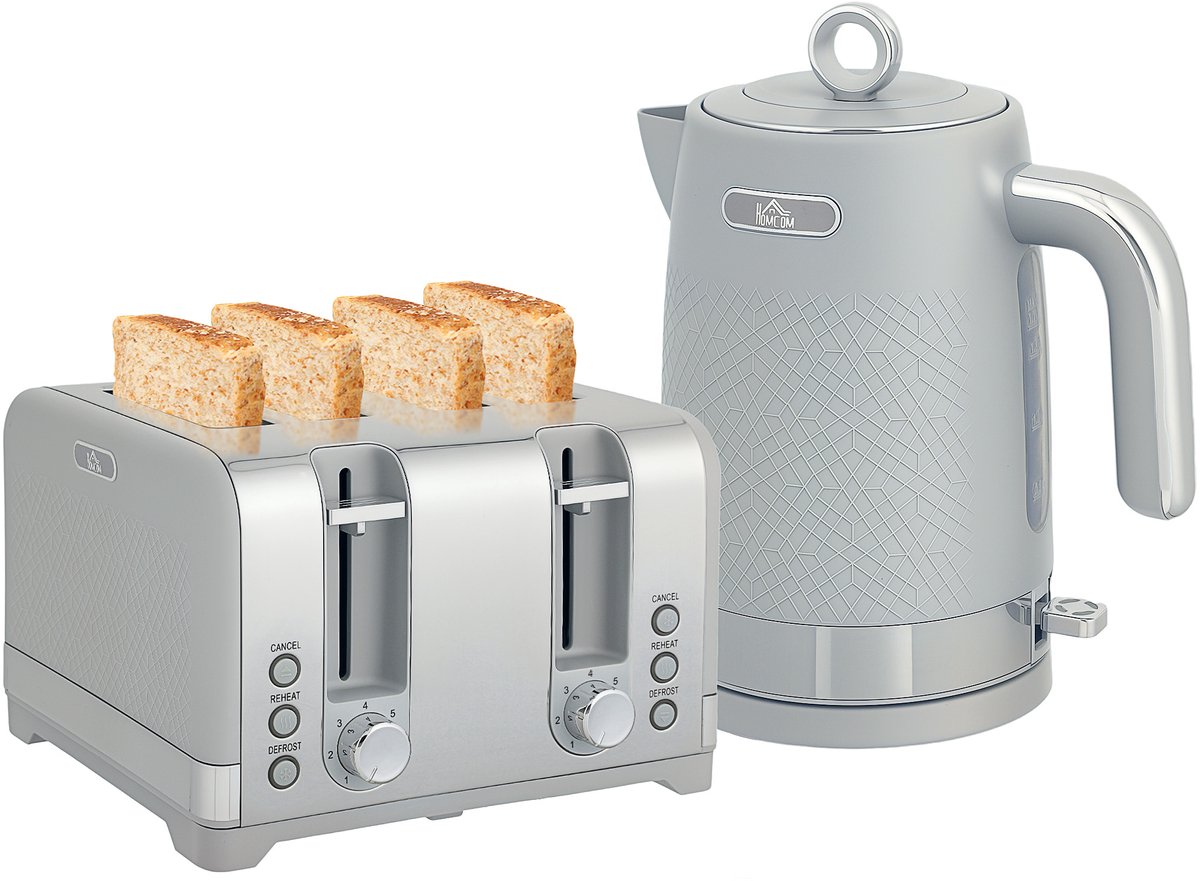 TEKROA® Waterkoker en broodrooster set - 1,7 liter 2200W snelkookwaterkoker met thermostaat - grijs