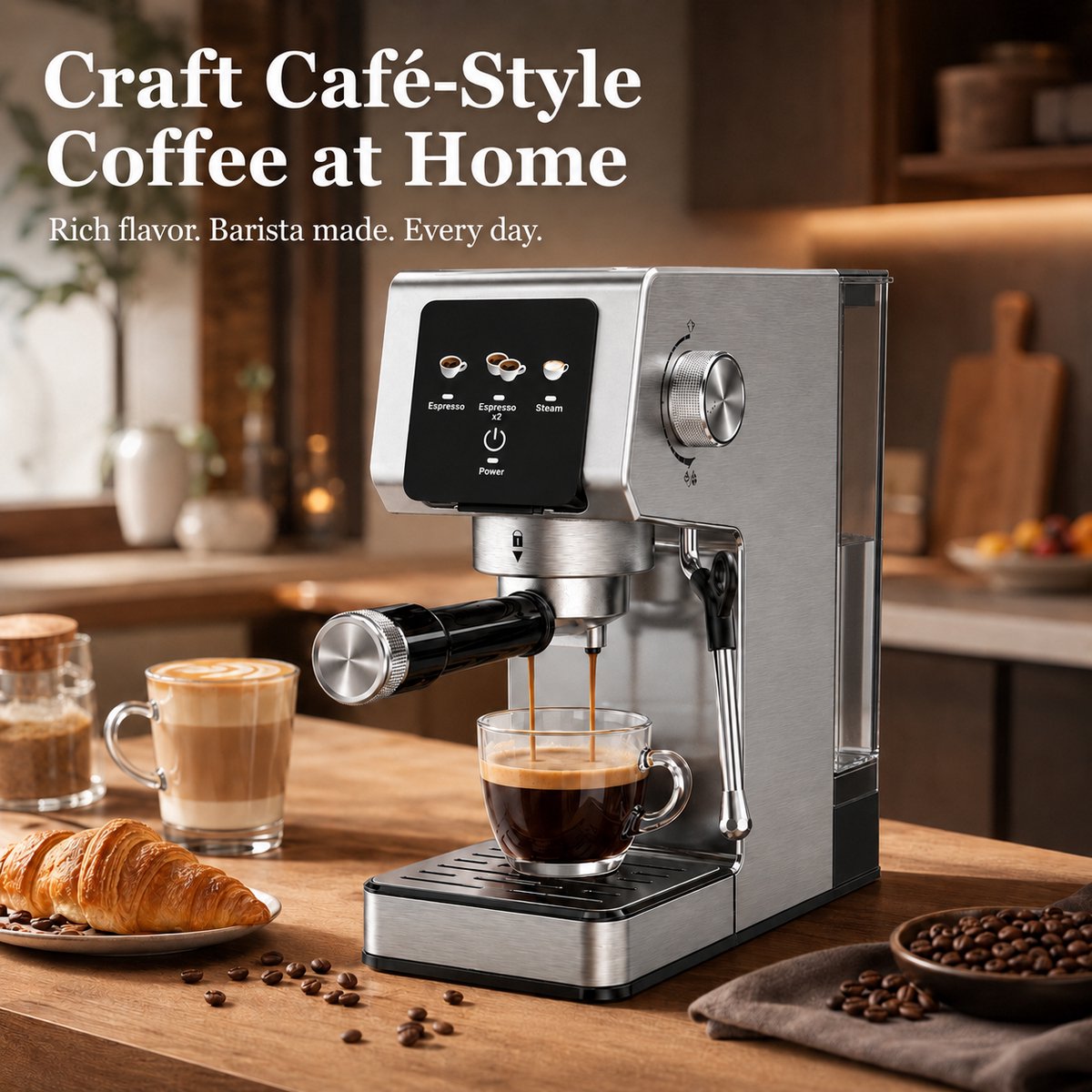 TEKROA® 20-bar espressomachine met touchscreen - 1350W professionele espressomachine, verwijderbaar waterreservoir van 1,2 liter, enkelvoudige en dubbele espresso