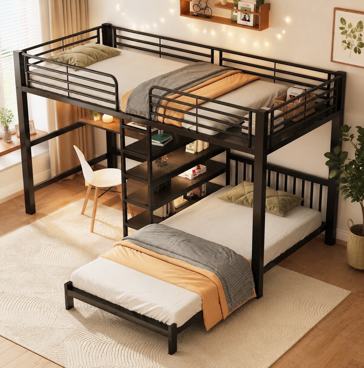 STILVORA Stapelbed 90 x 200 cm Met Bureau En Dubbele Stopcontacten Met USB En Type C Opbergvakken Voor Kinderen Metaal En MDF Zwart Zonder Matras
