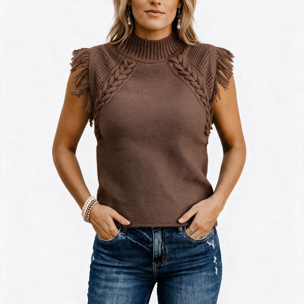 Imily Bela Dames Gebreide Top met Hoge Hals en Franjedetails