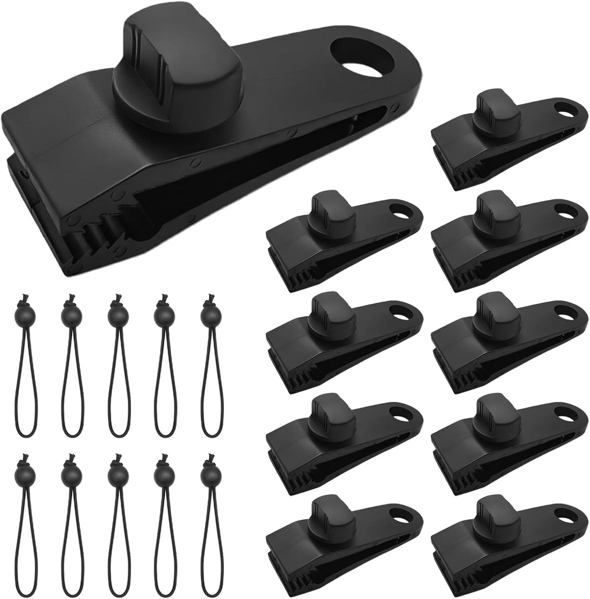 Tensioners voor zeilen – 10 waterdichte tarp spanners met 10 zwarte koorden en ballen, ideaal voor tenten, zonneschermen en tuinbeugels