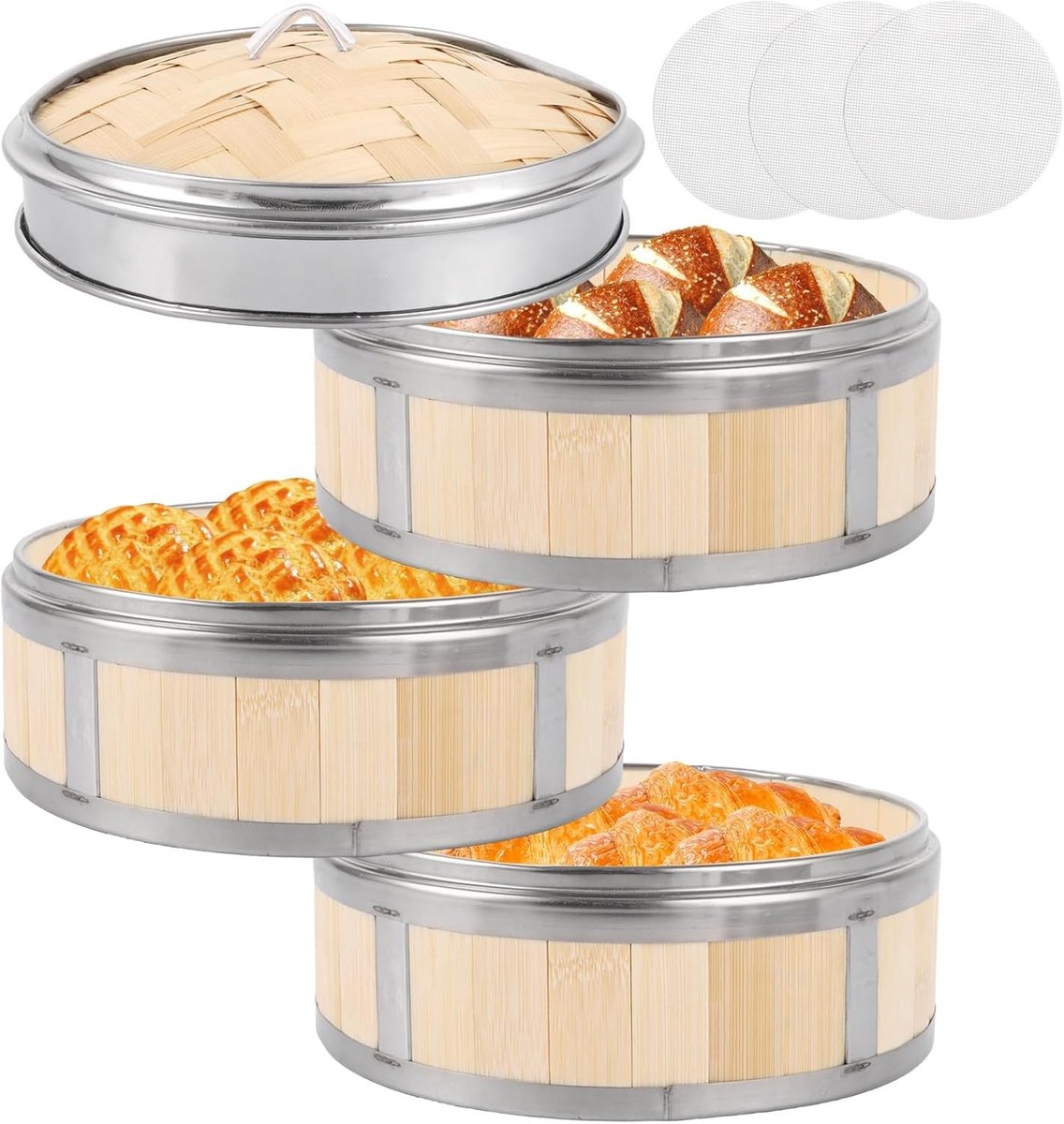 3-laags bamboestomer met een diameter van 20 cm voor dumplings, groenten en rijst, inclusief deksel en 2 stoommandjes