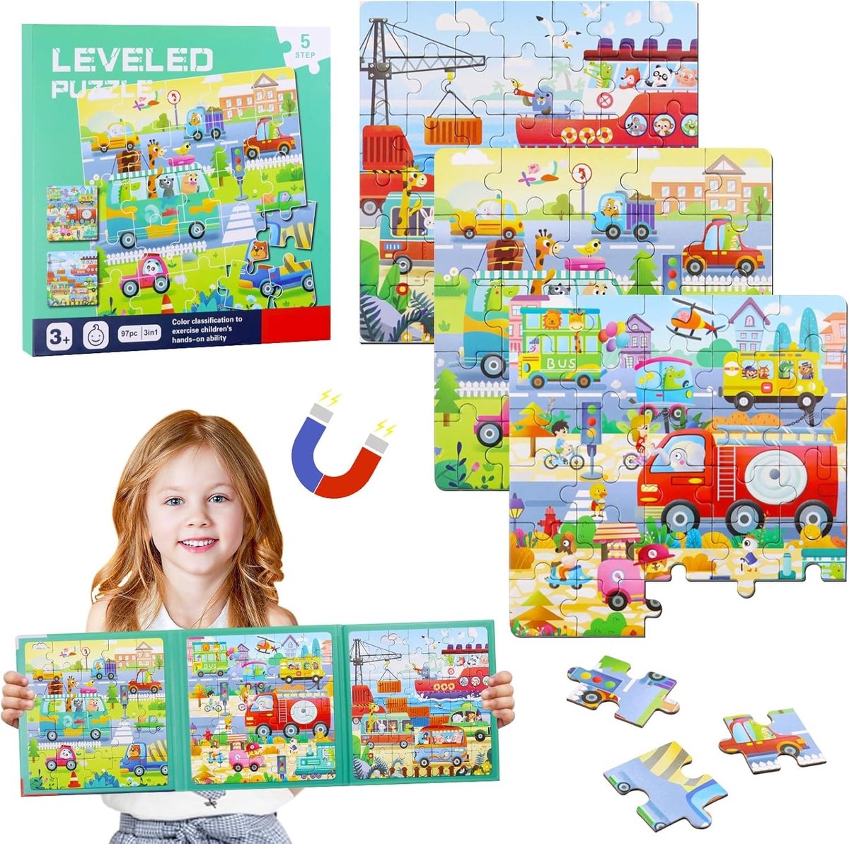 3-in-1 Magnetisch Puzzelboek voor Kinderen - 25-30-42 Delen, Activiteit voor Auto- en Vliegtuigreizen vanaf 3 Jaar