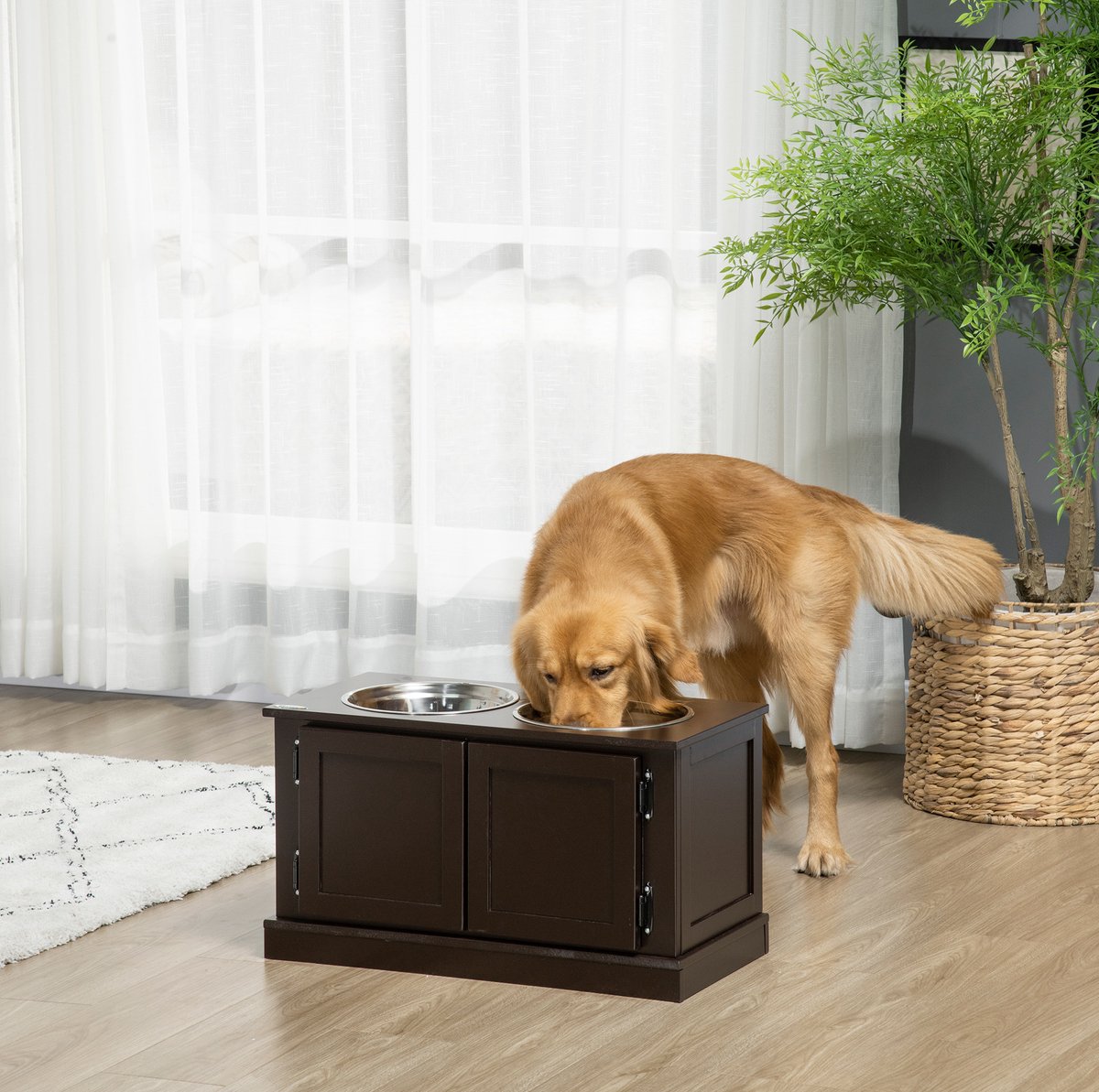 REDOM - Hondenvoerbak met opbergruimte - Verhoogd model met 2 uitneembare RVS schalen - Dubbele voerbak - Moderne stijl - Voor grote honden - MDF - Koffie - 60 x 30 x 34 cm