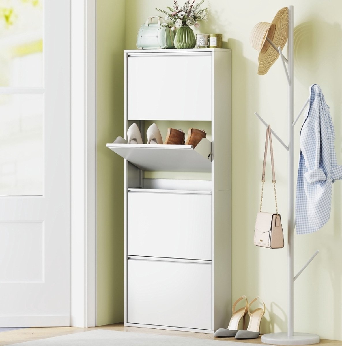 REDOM - Schoenenkast - 4 kleppen - Smal ontwerp - Wandmontage - Moderne stijl - Hal en gang - Metaal - Wit - 55 x 15 x 139,5 cm