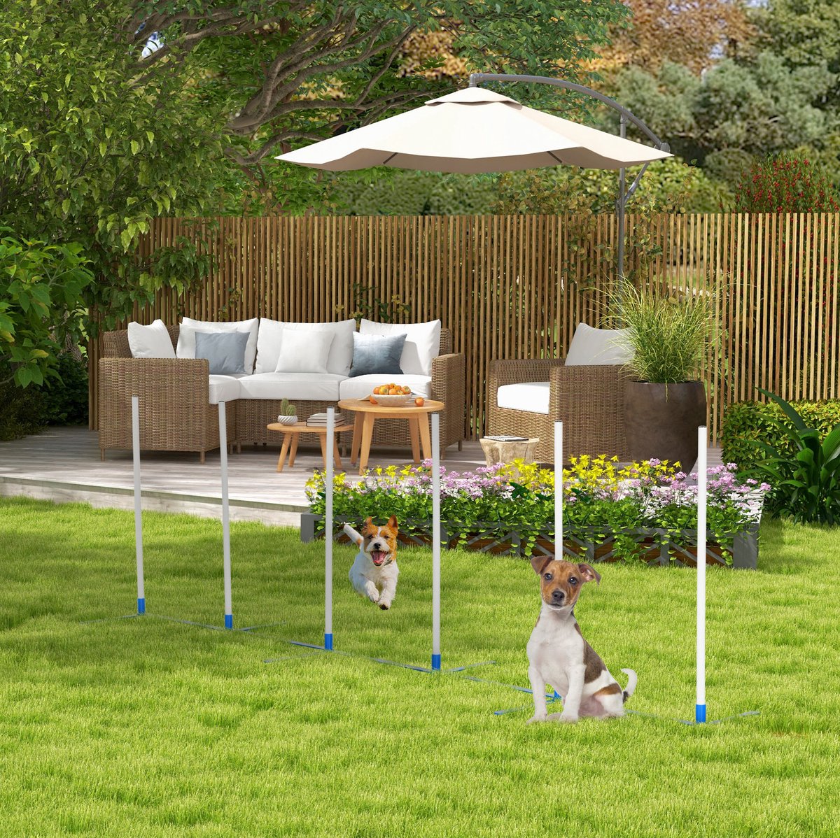REDOM - Honden slalomstangen set - Agility training - Flexibel op gras en vlakke ondergrond - Met 600D draagtas - Kunststof - Wit/Blauw - 305 x 60 x 94 cm