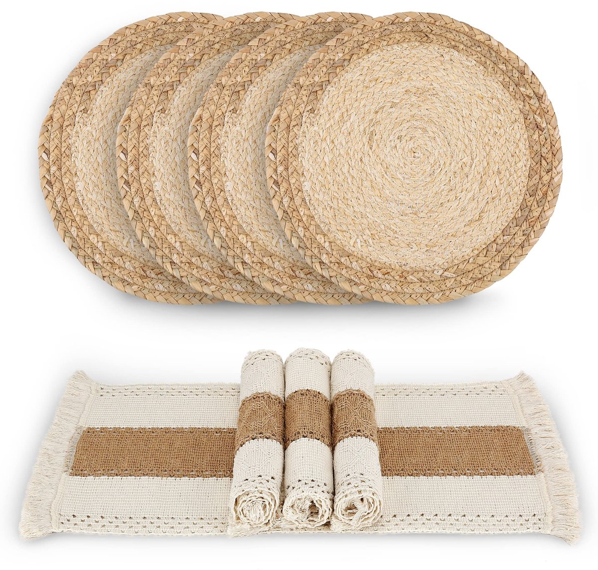 Famanu – Handgemaakte boho-placemats, set van 4, natuurlijk katoen, jute en waterstro, voor eettafel en keuken