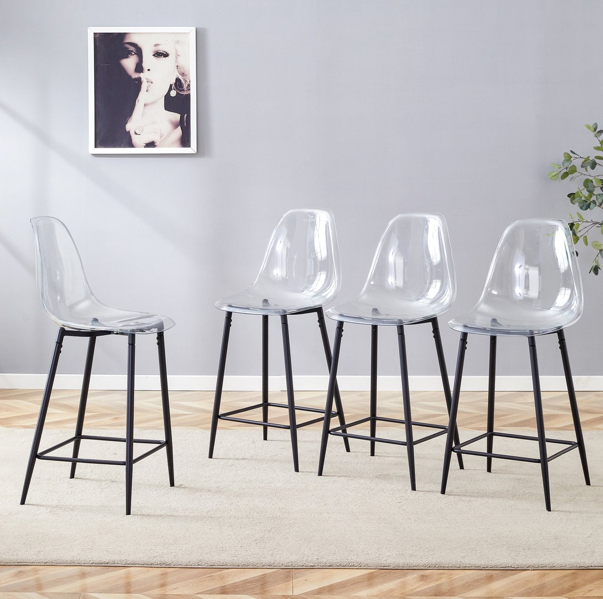 OKWISH Barkruk Set Van 4 – Transparante Barkruk Met Rugleuning – Voor Keuken Bar En Eetkamer – Kunststof En Metaal – Zwart