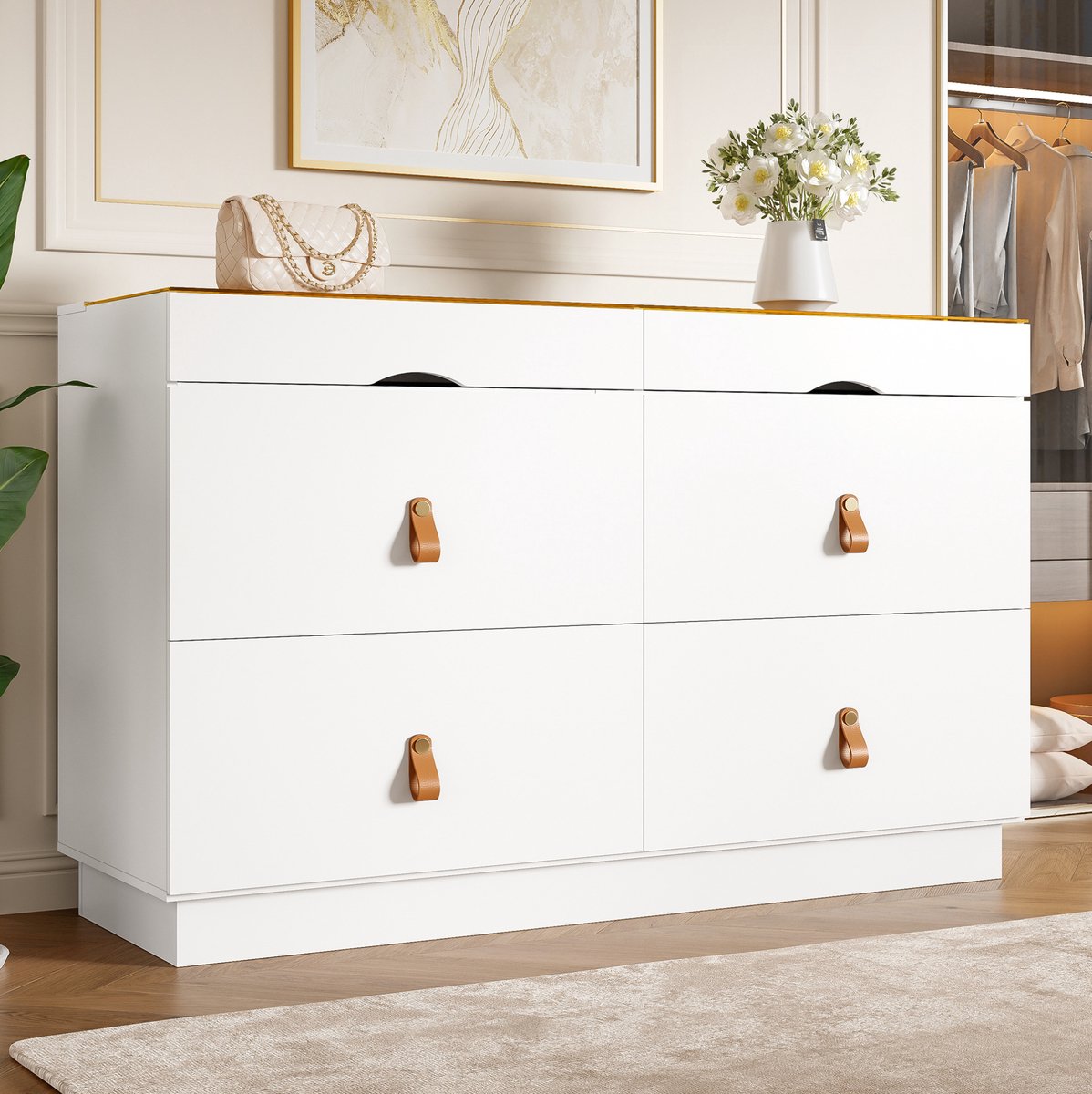 Wishdor Ladekast met 6 lades - Transparant veiligheidsglas - Anti-kantel en slimme vakindeling - Modern - Slaapkamer en kleedkamer - Wit - 120 x 40 x 78 cm
