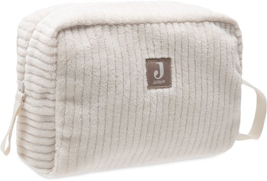 Beige corduroy toilettas van Jollein met verticale ribbels. Met een label en lus aan de zijkant.