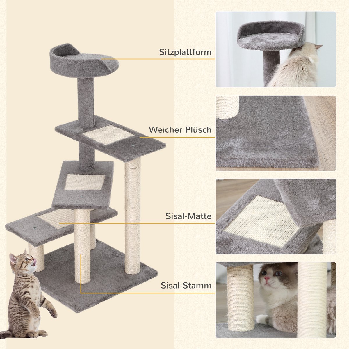 Krabpaal van 100 cm met sisalpalen-groot platform-krabpaal met meerdere niveaus-klimtoren-voor kleine katten-beige+grijs thumbnail 6