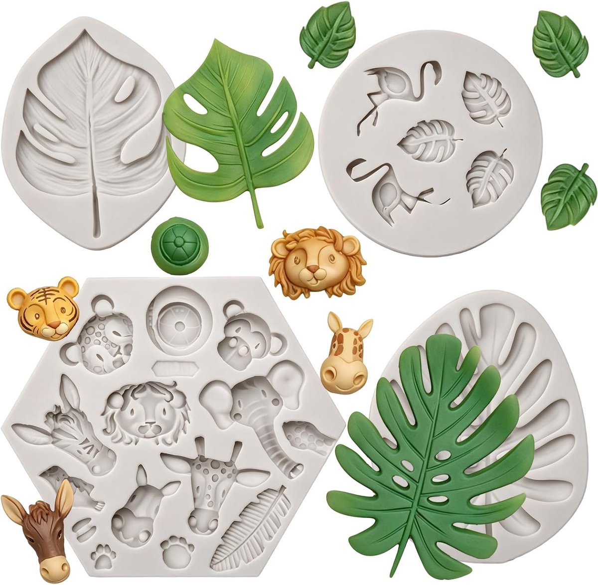 Jungle safari-dierenfondantvorm - tropisch blad - flamingo-dier - siliconen vorm - safari-dierenvormen voor taartdecoraties - verjaardag - babyshower - feest - cupcake-topper - polymeerklei - hars