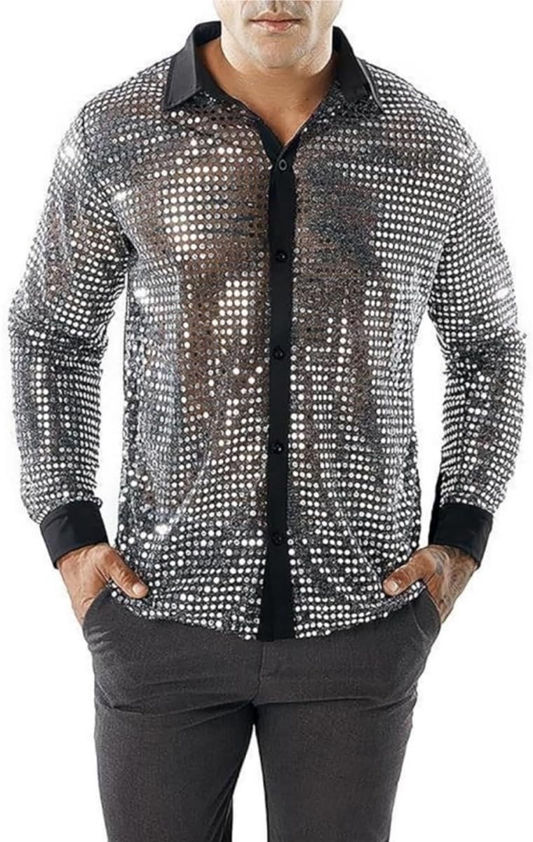 Retro Glanzend Overhemd met Lange Mouwen voor Disco Feesten en Dansavonden - Perfect voor 70s en 80s Thema's, Strass en Knopen voor een Unieke Look