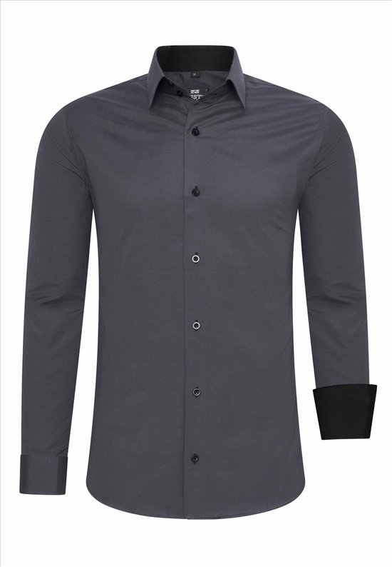 Antracietgrijs slimfit overhemd met lange mouwen, opstaande boord, zwarte manchetten.