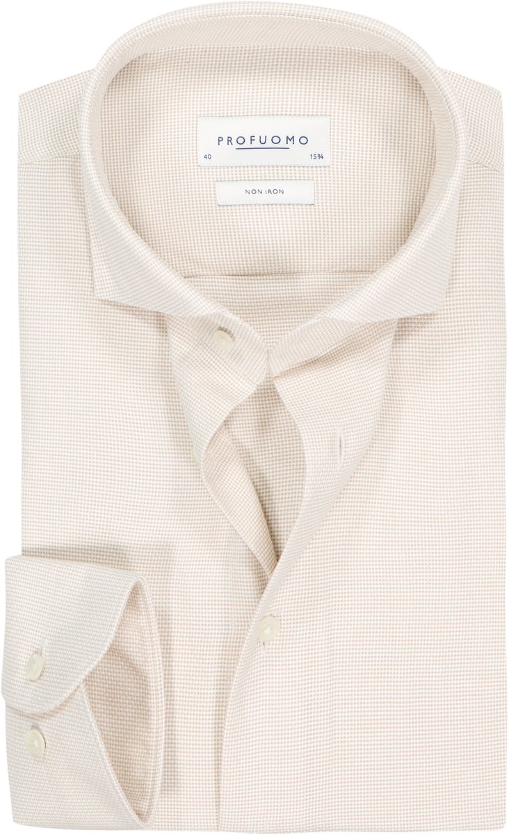 Profuomo slim fit heren overhemd - twill - beige - Strijkvrij - Boordmaat: 38 (EU maat: S)