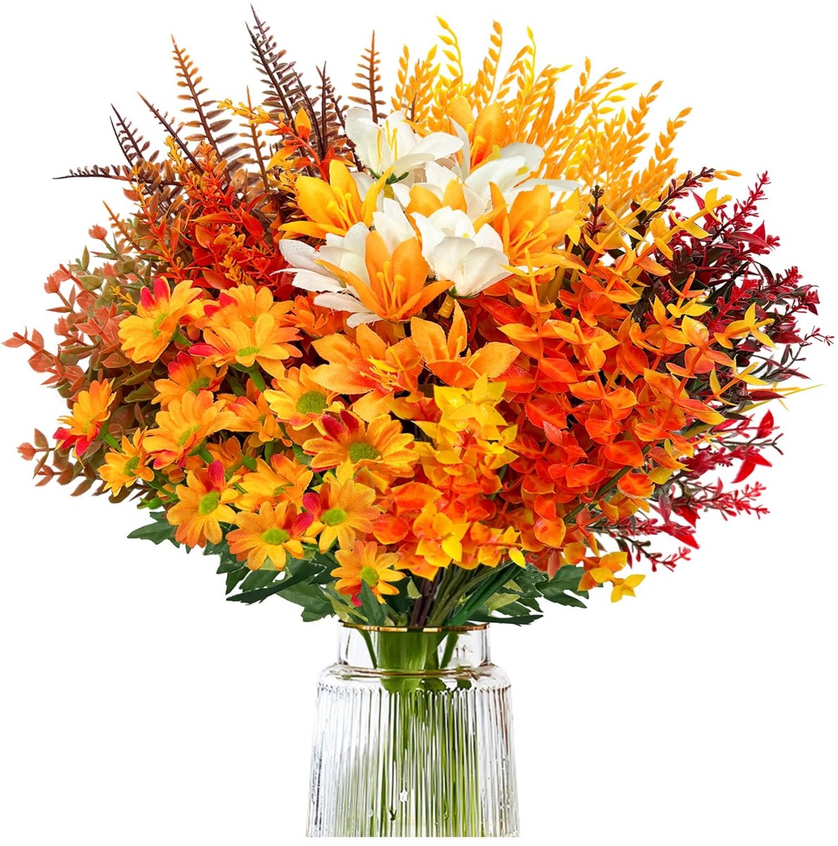 Famanu Set van 8 bundels herfstdecoratie met kunstbloemen, realistische gedroogde bloemen voor binnen en buiten Oranje