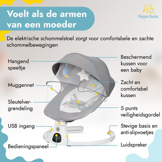 HeppieBabie Elektrische Wipstoel - Muziek en Swing Opties - 5 Punts Gordel - Babyschommel- Schommelstoel - Baby Swing - Met Ebook van HeppieBabie — afbeelding 4