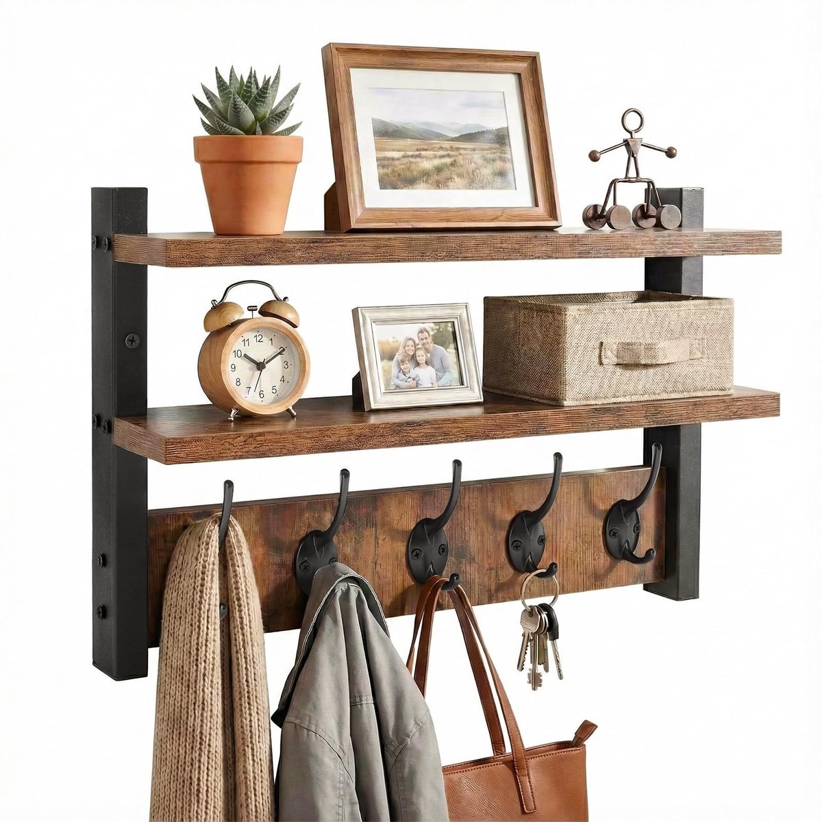 Famanu Wandkapstok met 2 houten planken, multifunctionele kapstok voor het organiseren van jassen en accessoires, stijlvol en praktisch Naturel