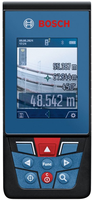 Bosch Professional laser afstandmeter met digitaal kleurenscherm. Toont metingen zoals 48.542 m.