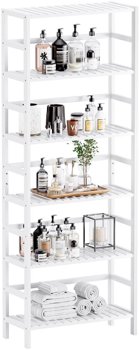 Famanu – Bamboe boekenplank met 6 verstelbare planken, grote vrijstaande keuken opbergrek, plant display stand, wit