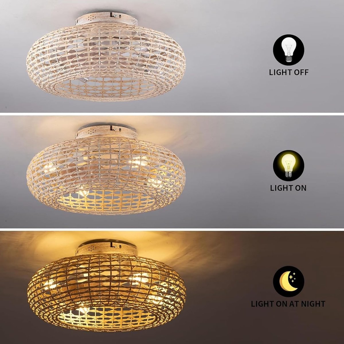Plafondventilator met lamp en afstandsbediening - Ecru - Rotan - Bamboe Ventilatorlamp voor Slaapkamer en Woonkamer