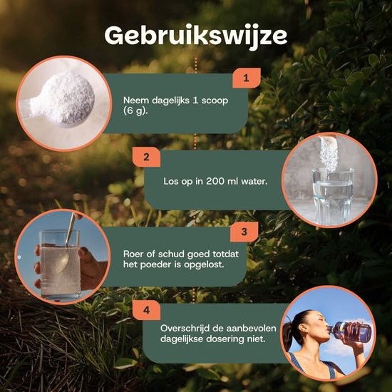 Stappenplan voor GOYU elektrolyten: 1 scoop mengen in water, roeren, drinken. Een vrouw drinkt uit een sportfles.