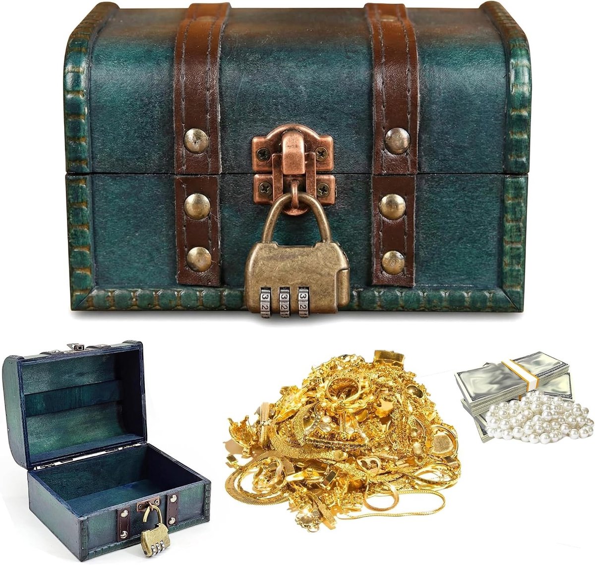 Vintage Houten Schatkist - Smaragd - Klein - Met Cijferslot - Voor Sieraden en Decoratie