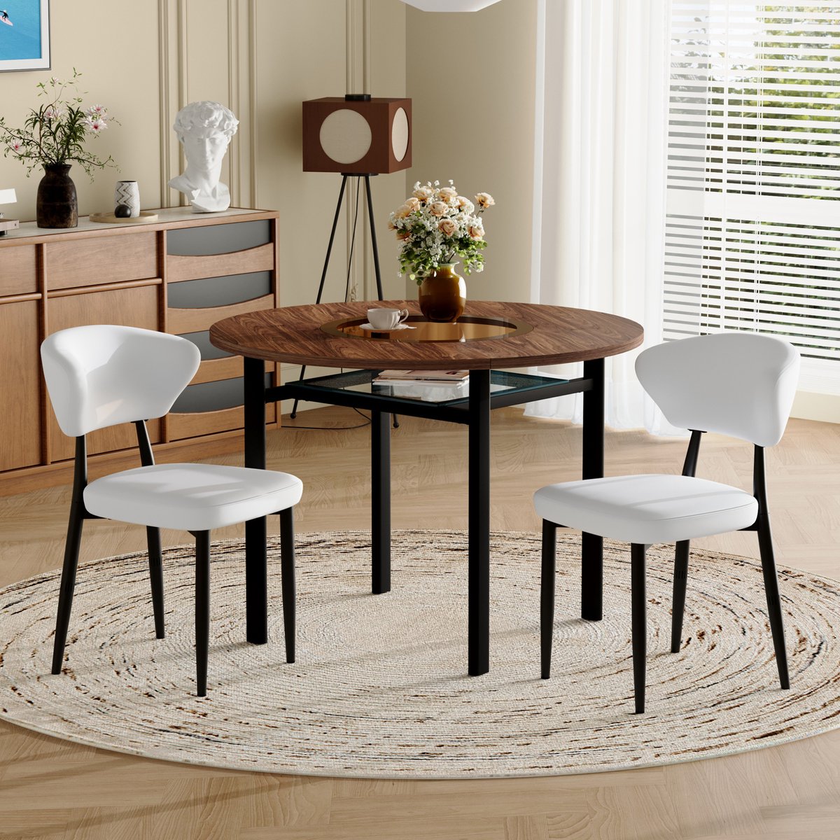 Wishdor Ronde eettafel set 2 stoelen - Modern minimalistisch - Houtlook glasinleg - PU zitvlak ergonomische rugleuning - Keuken eetkamer woonkamer - Bruin zwart wit - Ø 100 cm