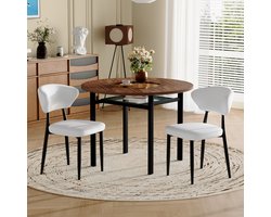 Wishdor Ronde eettafel set 2 stoelen - Modern minimalistisch - Houtlook glasinleg - PU zitvlak ergonomische rugleuning - Keuken eetkamer woonkamer - Bruin zwart wit - Ø 100 cm