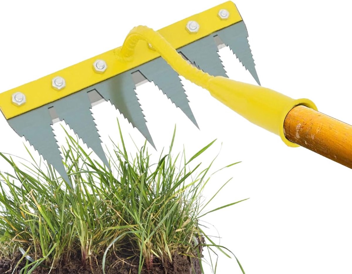 Gazonhark Tuinhark - Bodemverbeteraar Wieden - Grond Egaliseren - Ergonomische Handgreep - 38 x 15 cm - Geel Zilver