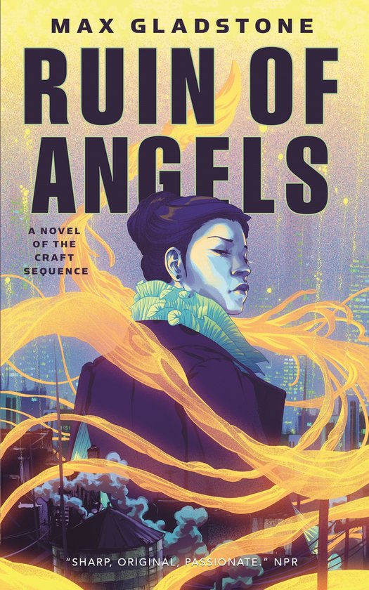 Boek kaft voor 'Ruin of Angels' met een vrouw in donkere kleding met een gele sjaal, omringd door oranje linten.