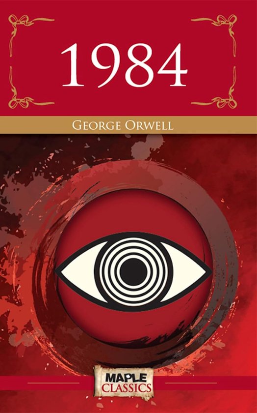 Boekomslag van 1984 door George Orwell met een rode achtergrond en een groot oog-symbool.
