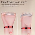 Roze ladyshave met opzetkammen. Links met de opzetkam voor lengte 12 mm, rechts met de opzetkam voor lengte 3 mm.