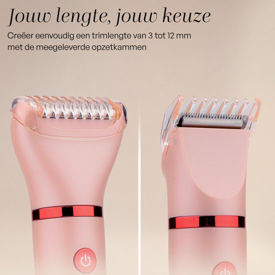 Roze ladyshave met opzetkammen. Links met de opzetkam voor lengte 12 mm, rechts met de opzetkam voor lengte 3 mm.