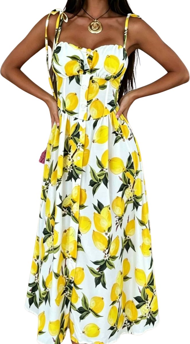 Currero Zomerjurk Dames Zomerjurken Volwassenen Vrouwen Midi Jurk Ibiza Stijl Sundress Dress Citroengeel M