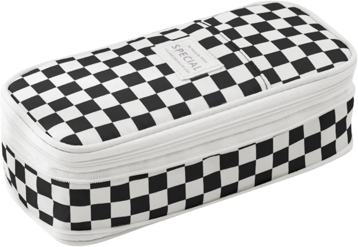 Pennenetui - Opbergtasje - Stationery organiseren - Dubbele ritssluiting - 20 x 10 x 66 cm - Zwart wit