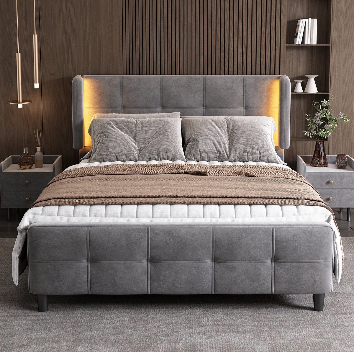 MEUNIQ gestoffeerd tweepersoonsbed 140x200 cm met 16-kleuren LED-verlichting, verstelbaar hoofdeinde, lattenbodem en gecapitonneerd hoofd- en voetbord, grijs