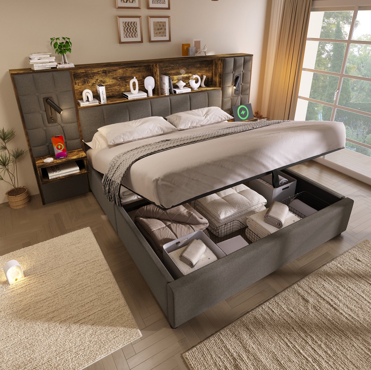 MEUNIQ gestoffeerd bed 180x200 met opbergruimte, lattenbodem, 2 leeslampen, USB en Type-C,