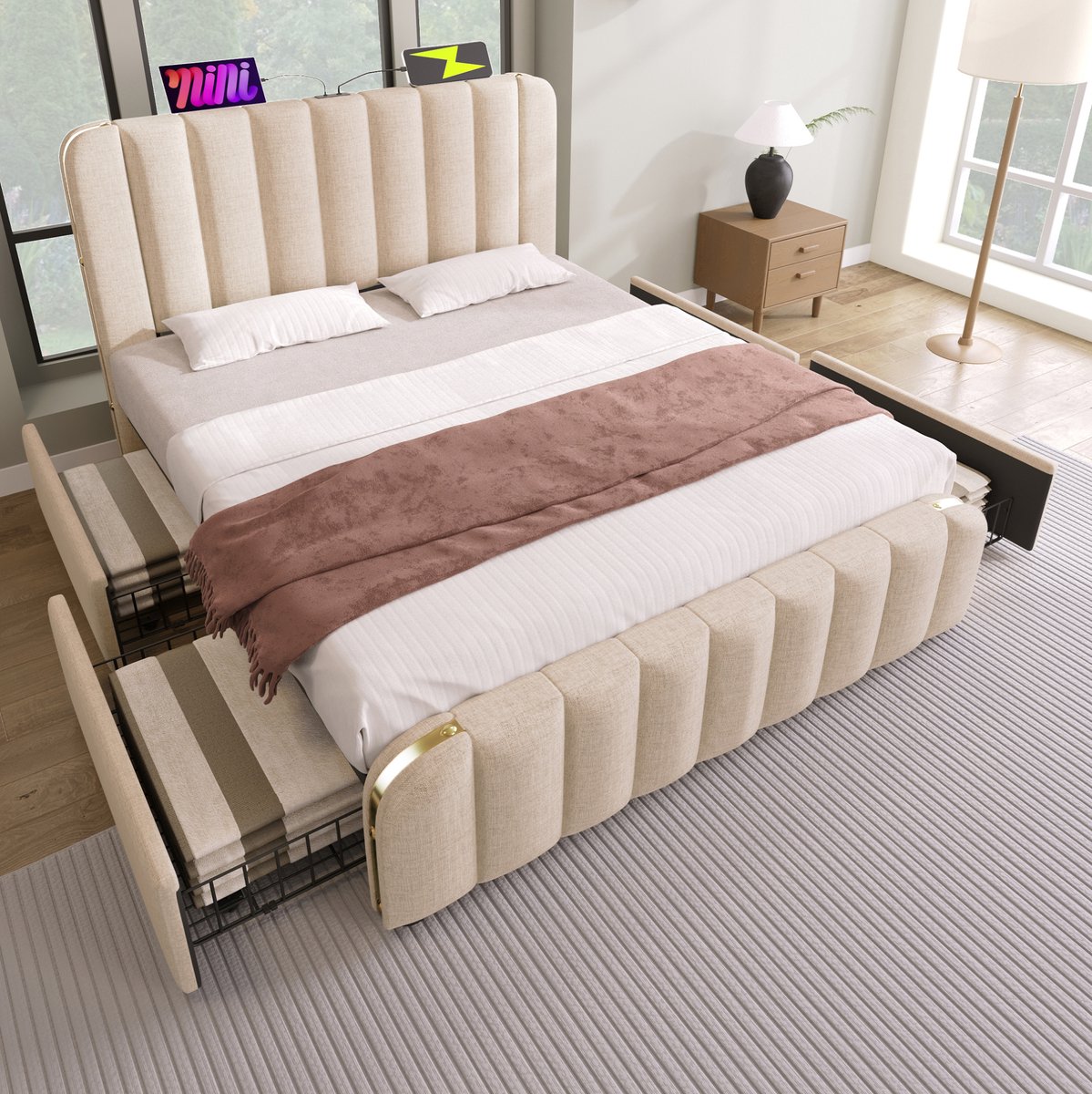 MEUNIQ tweepersoons bed 160x200 cm met gestoffeerd hoofdbord, USB en Type-C, 4 lades, lattenbodem en opbergruimte voor slaapkamer, beige