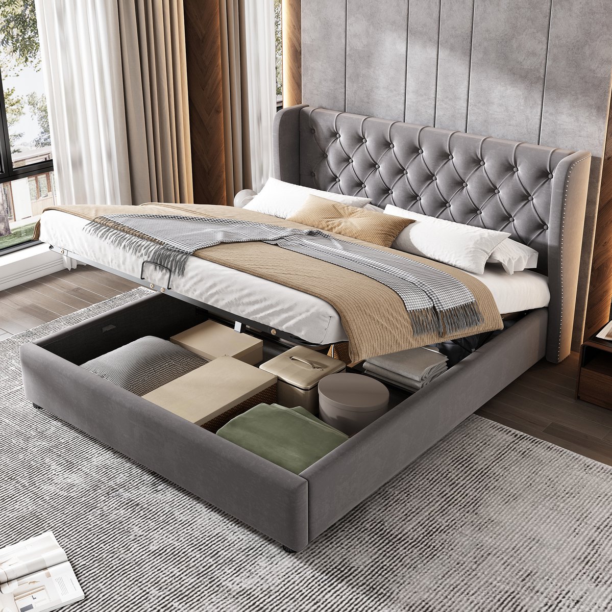 MEUNIQ gestoffeerd tweepersoonsbed 140x200 cm met hydraulische opbergruimte, lattenbodem, hoog Chesterfield hoofdbord met knopen en zijvleugels, grijs