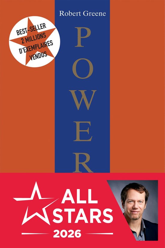 Livre 'Power' de Robert Greene avec 'BEST-SELLER 2 MILLIONS D'EXEMPLAIRES VENDUS' en cercle orange. En bas 'ALL STARS 2026' avec photo.