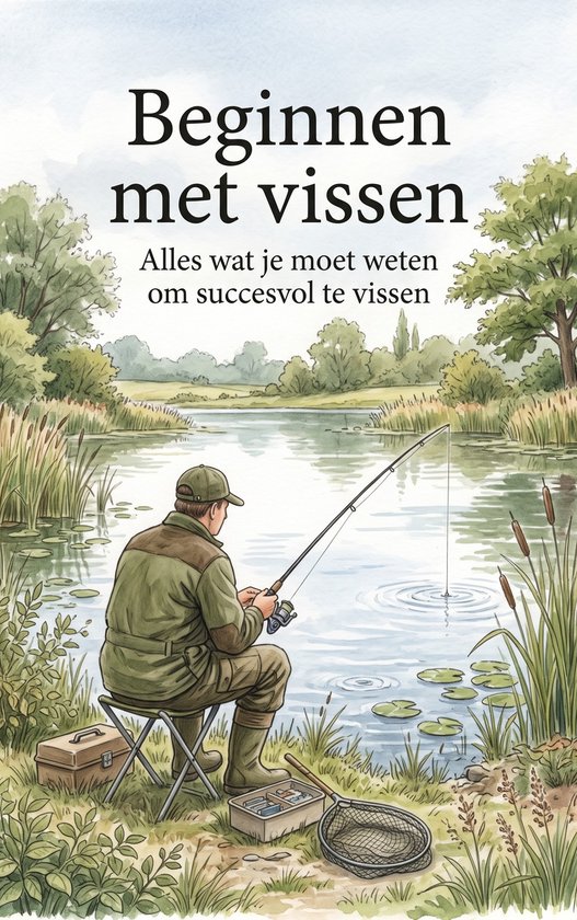 Man in visserskleding zit op krukje aan waterkant, met hengel, viskoffer en schepnet. Titel: "Beginnen met vissen".