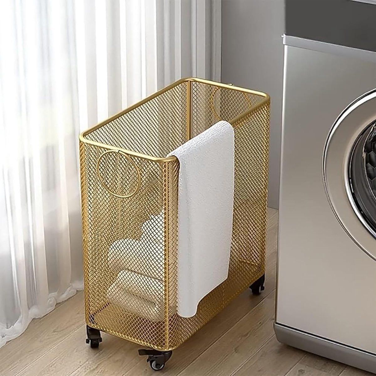 Metalen Mand - Opbergmand Wielen - Kleding Opbergen - Hollow Mesh Ontwerp - Compact - Goud