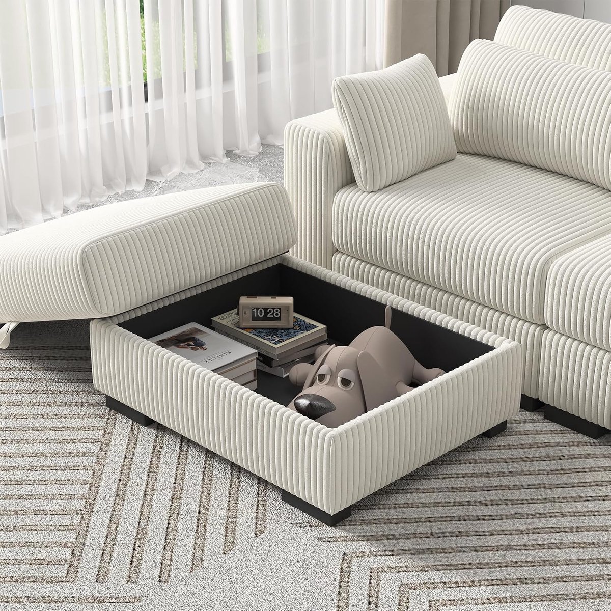 Opbergpoef - Voetenbank kruk - Woonkamer organiseren - Gestoffeerd zitvlak - 88x69x45 cm - Beige