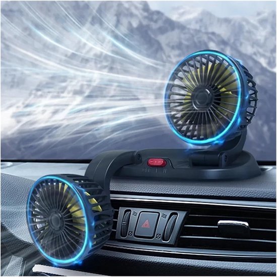 Autoventilator Dubbele Kop - Auto Koeler - Verkoeling In Auto - Verstelbare Luchtstroom - 5V 12V 24V - Geel