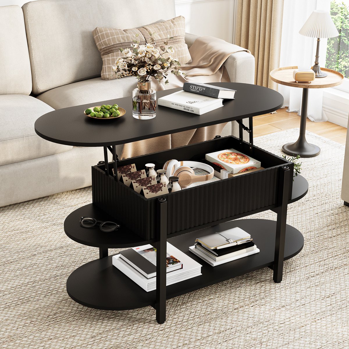 Ovaal Salontafel met Hefmechanisme en Opbergruimte, Moderne Koffietafel met Open Planken, Salontafel Afgerond voor Woonkamer en Kantoor, 106 x 45 x 50 cm, Zwarte