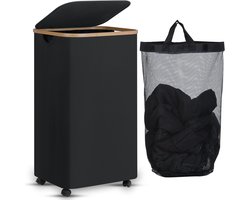 Wasmand met Wielen - Bamboe-frame - 100 Liter - Verwijderbare Binnenzak - Voor Huishoudelijk Gebruik
