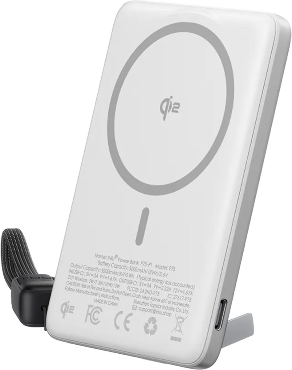 Iniu, Magnetische Qi2 powerbank 15W 5000mAh Geschikt voor Apple iPhone met standaard en kabel, Wit