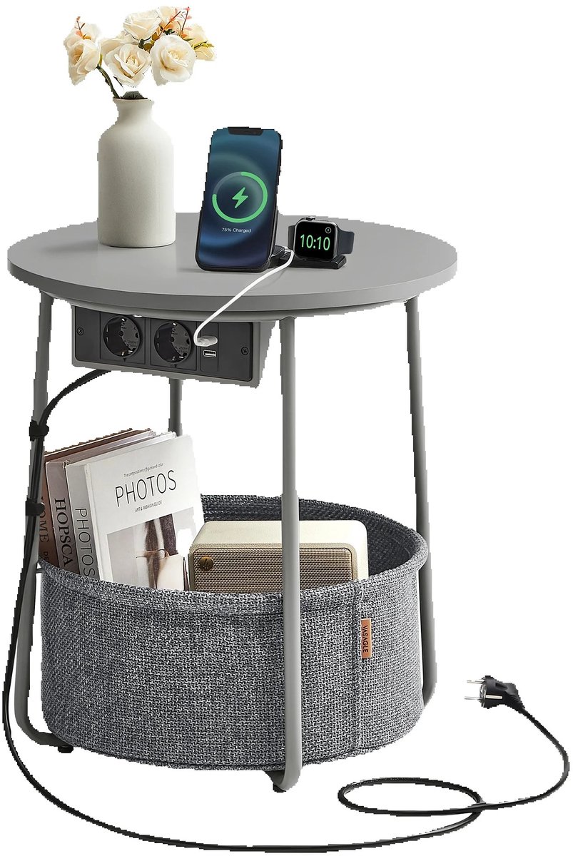 Stervia Bijzettafel - Salontafel - Nachtkastje - Met Opbergmandje - Met Stopcontacten - 2 Laags - Draagvermogen 35 Kg - 45 x 50cm Grijs
