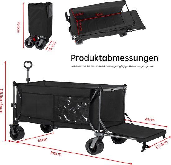 300L+120L opvouwbare bolderkar & achterklep, 180cm opvouwbare bolderkar met extra brede 17x10 cm all-terrainwielen handwagen, ideaal voor tuin, boodschappen, strand en buitengebruik (zwart) — afbeelding 5